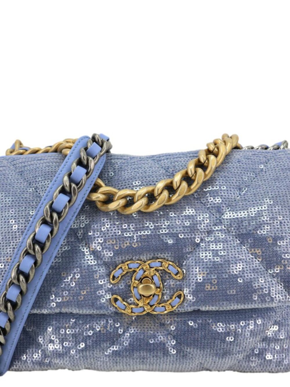 Chanel  19 Medium Flap Quilted Sequin Shoulder Bag Blue